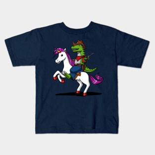 T-Rex Dinosaur Cowboy Riding Magical Unicorn Kids T-Shirt